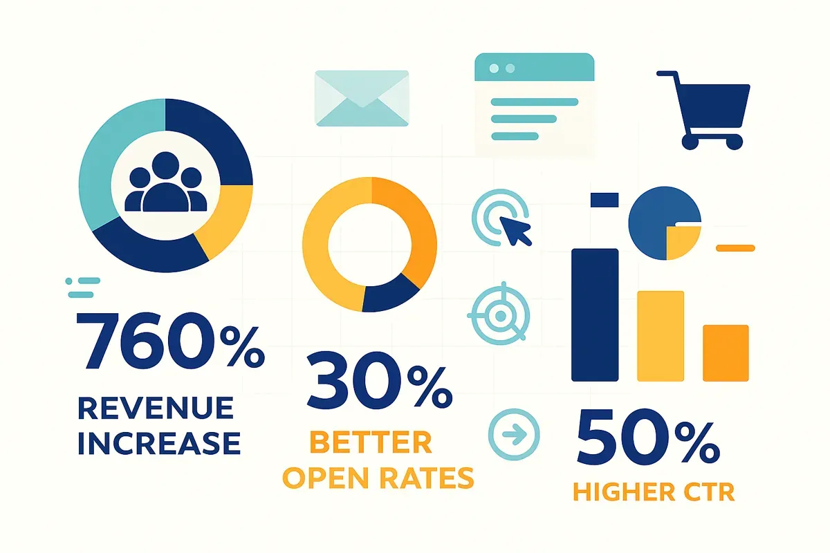 Editorial infographic of email segmentation statistics with charts showing 760% revenue increase, 30% better open rates, and 50% higher CTR — representing email marketing performance improvements