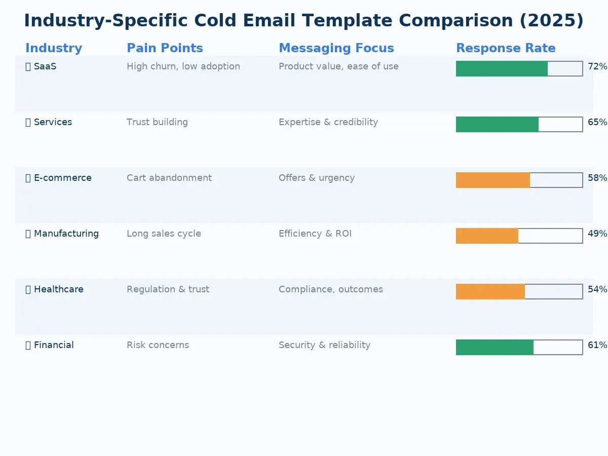 Editorial collage of industry icons with email templates and response rate charts — representing customized cold email approaches by sector