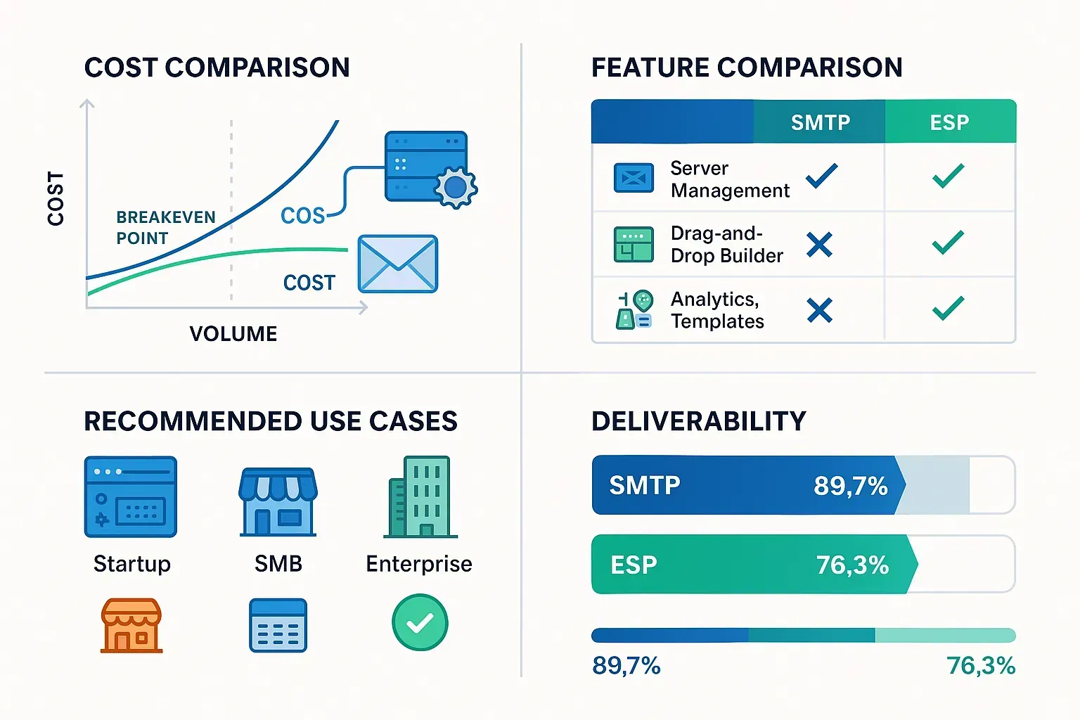 Editorial collage of cost charts and feature comparison matrix with business size indicators — representing complete smtp esp guide summary