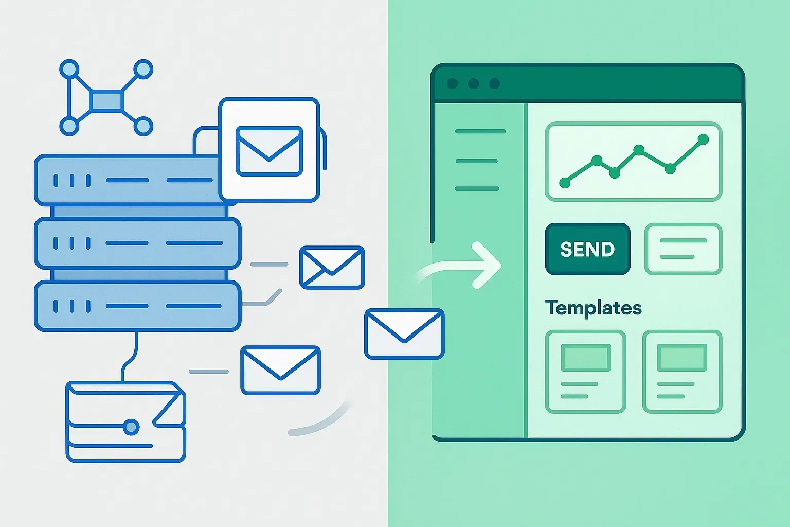 Editorial collage of SMTP server architecture and ESP dashboard interface with email delivery icons — representing smtp vs esp comparison guide