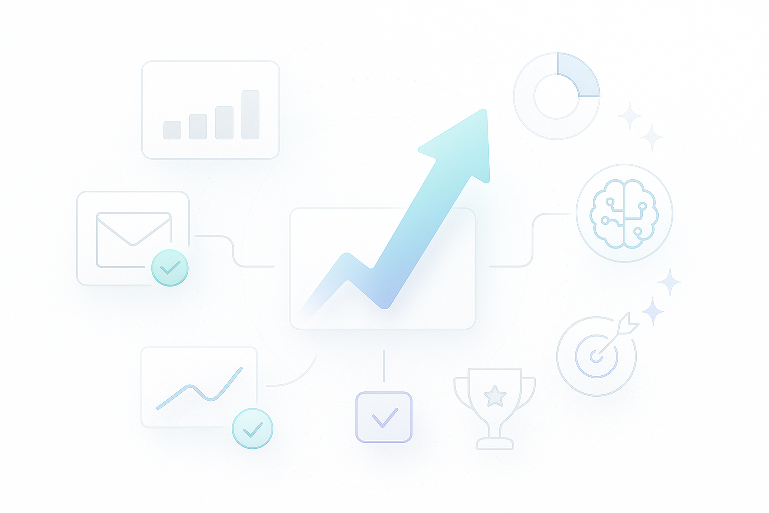 Apple-style editorial infographic showing AI-powered email marketing optimization results with a central growth arrow and surrounding analytics and success icons