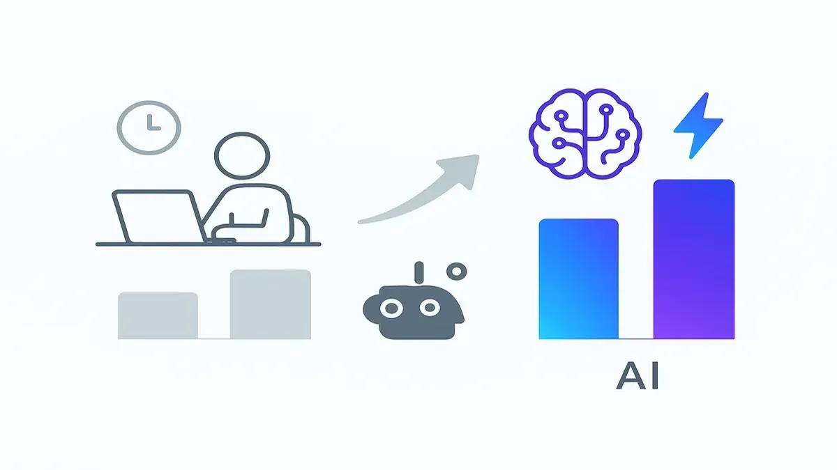 Minimalist side-by-side illustration comparing AI and human email subject line performance with bar heights showing AI outperforming human results