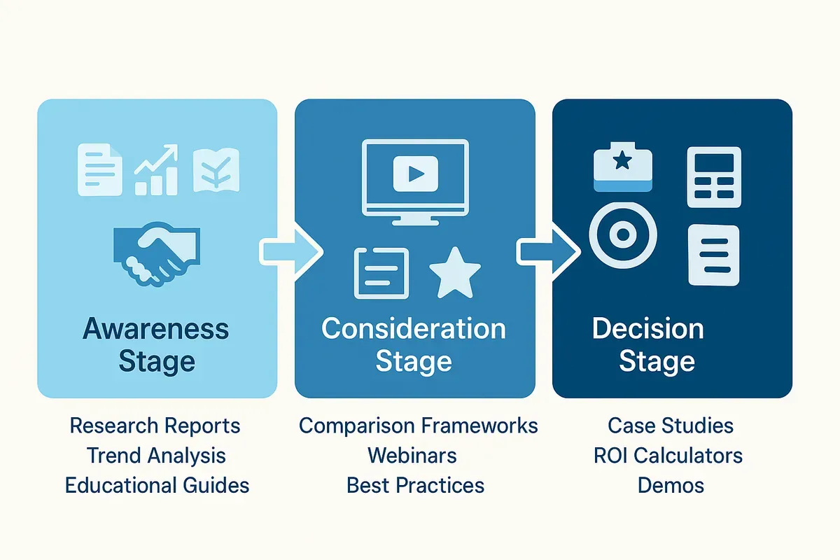 Process flowchart showing email content strategy aligned with buyer journey stages (Awareness to Consideration to Decision), with example content types at each stage and arrows indicating progression — representing strategic content mapping