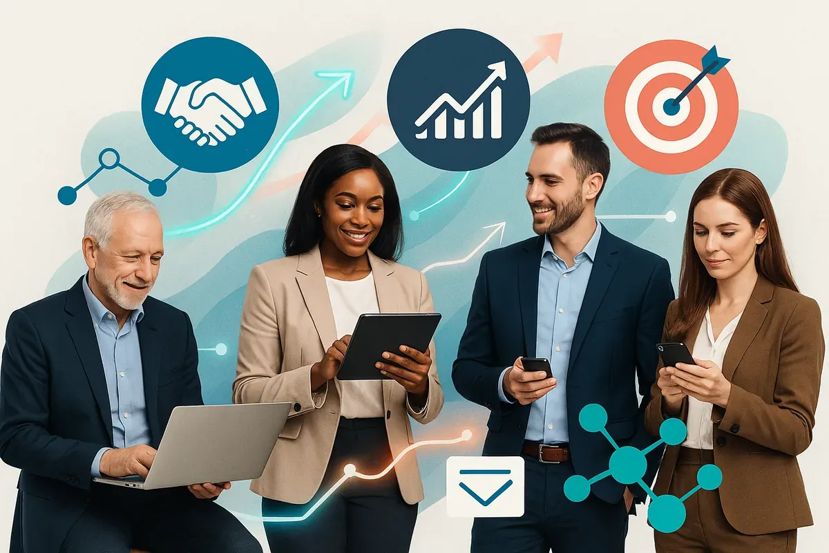 Editorial collage of diverse professionals using laptops, tablets, and phones with handshake, growth, and target icons — representing data-driven B2B email marketing strategy in 2025