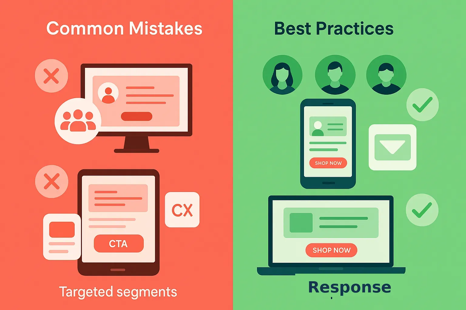 Comparison infographic showing Common Mistakes vs. Best Practices with side-by-side visual contrasts (generic blast vs. targeted segments, desktop-only vs. mobile-optimized, weak CTA vs. strong CTA) — representing transformation from poor to effective practice