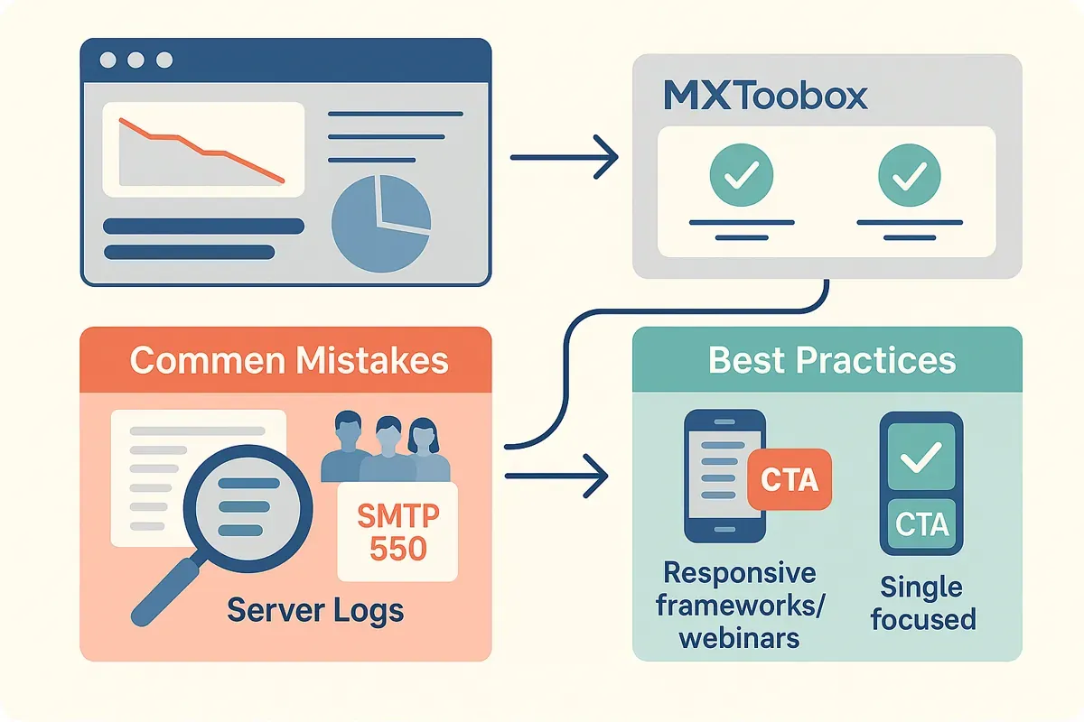 Infographic showing email blacklist identification process with monitoring dashboard, MXToolbox results, SMTP 550 error, and server log inspection — representing steps to diagnose email blacklist issues