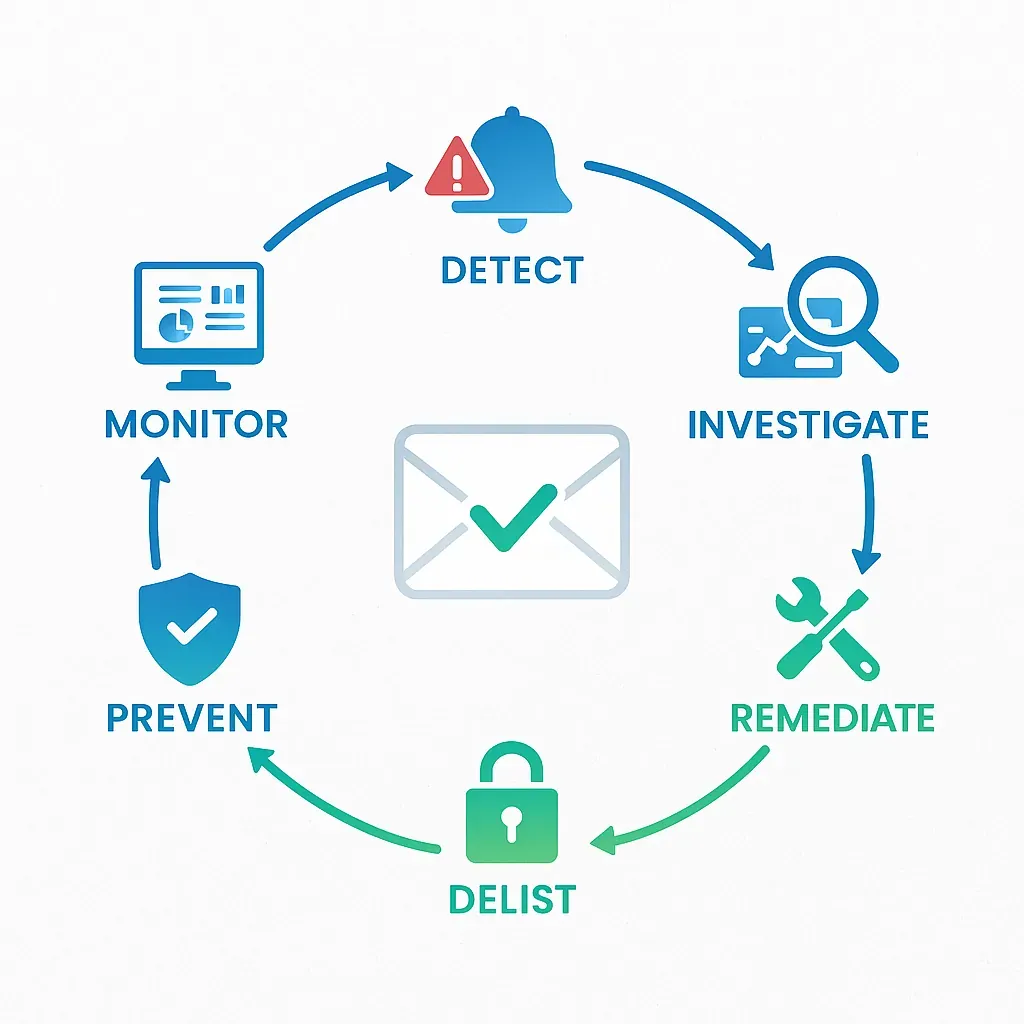 Circular flow diagram showing six stages of continuous email deliverability management — Monitor, Detect, Investigate, Remediate, Delist, and Prevent — connected by arrows around a central envelope icon with checkmark, representing successful deliverability