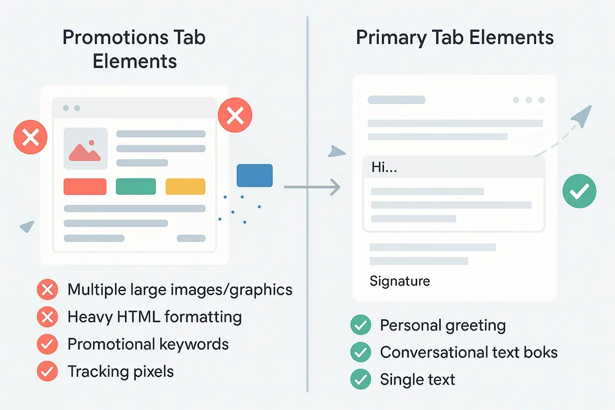 Editorial comparison of two email mockups with contrasting elements and checkmarks — representing Primary inbox versus Promotions tab formatting