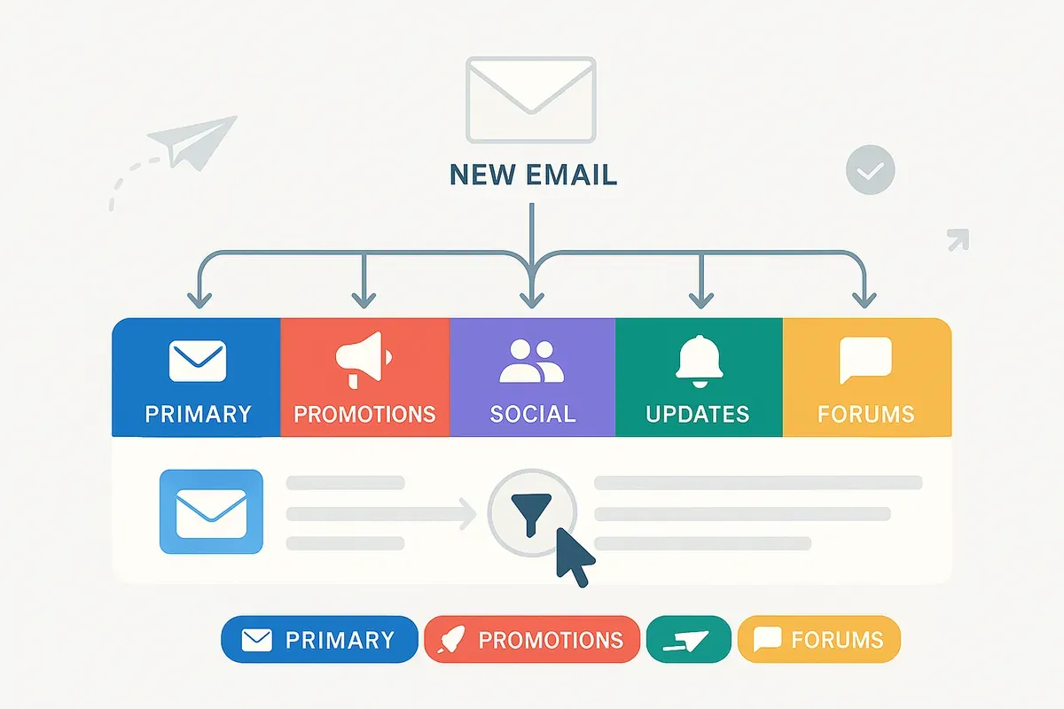 Editorial collage of Gmail inbox interface with five colored tab icons and sorting arrows — representing email categorization system