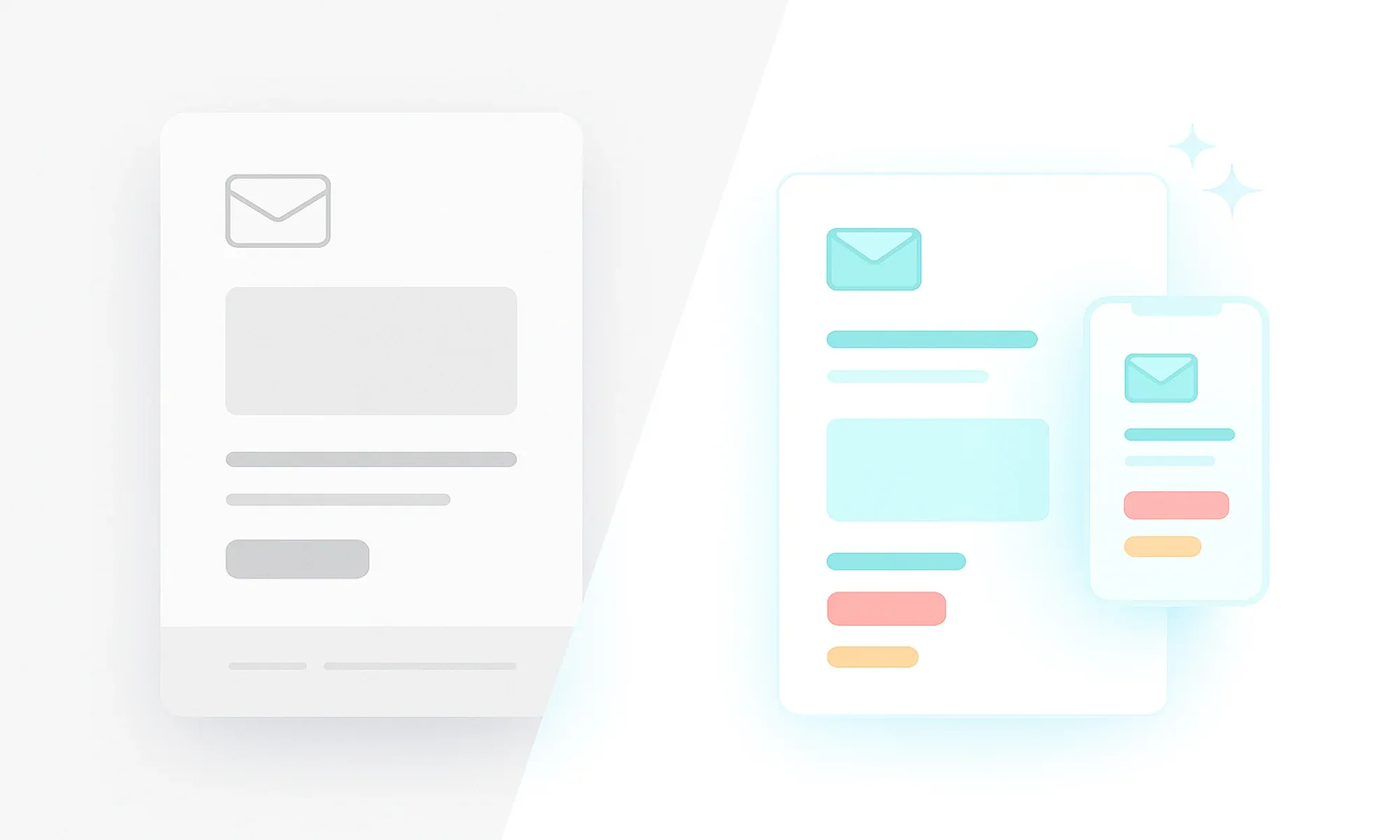 Split-screen visual showing before and after transformation of an email layout — plain design versus modern AI-optimized responsive version