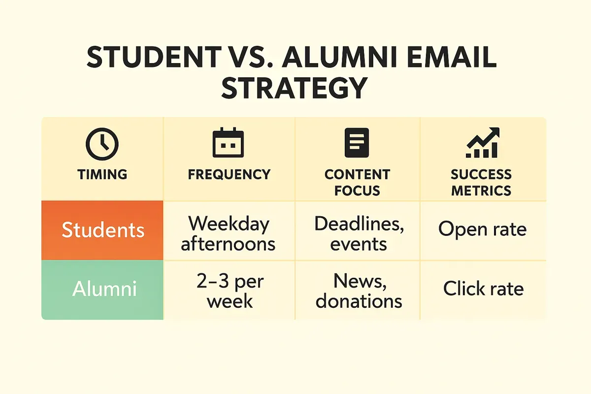 Editorial comparison table of student versus alumni email marketing strategies with timing and content — representing email marketing for education audience differences