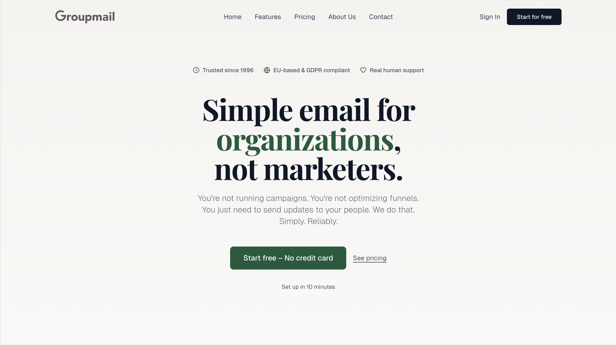 Screenshot of Groupmail.io homepage highlighting simple email software for organisations with a start-free call to action