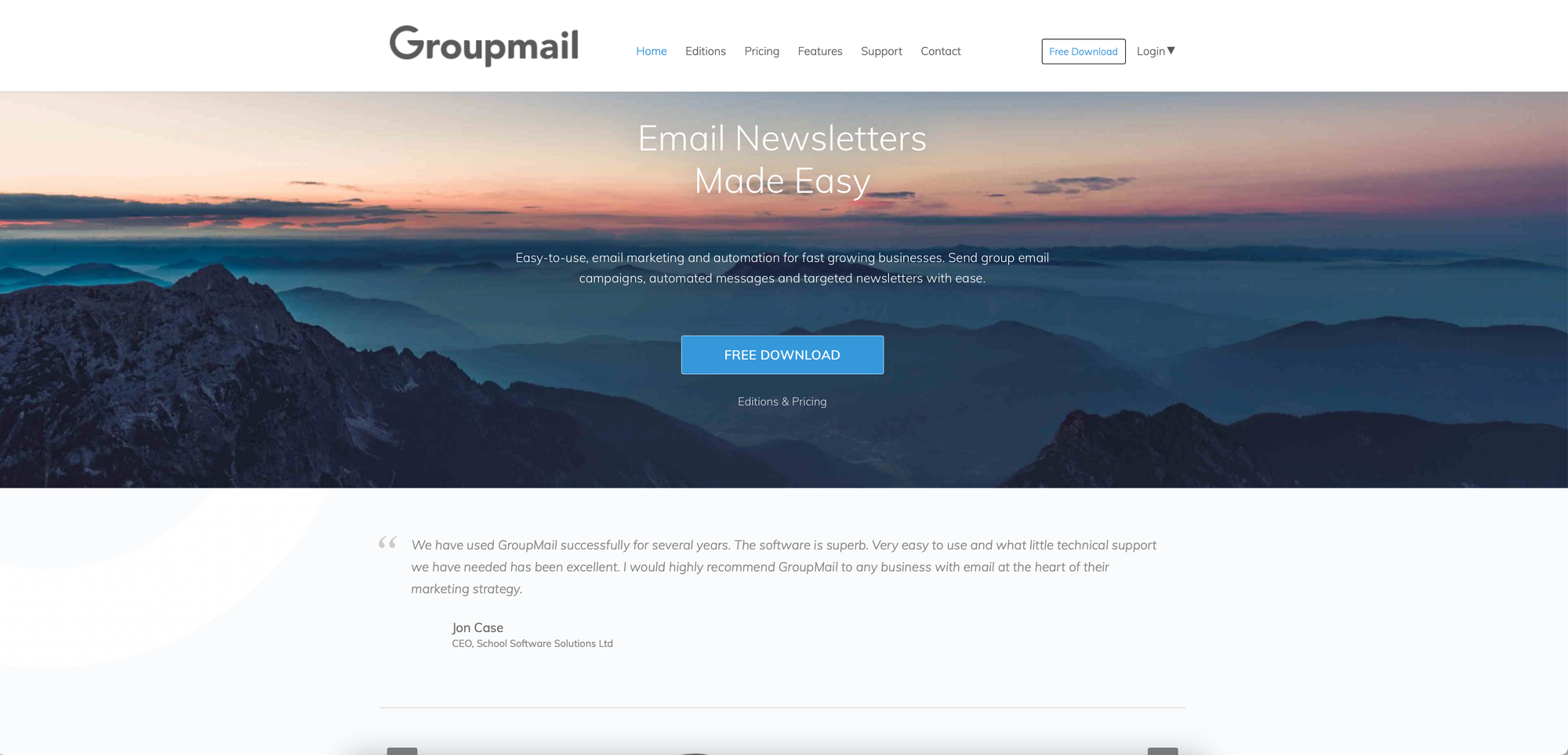 Screenshot of GroupMail 6 Desktop website showing email newsletter software with one-time purchase pricing and a free download option