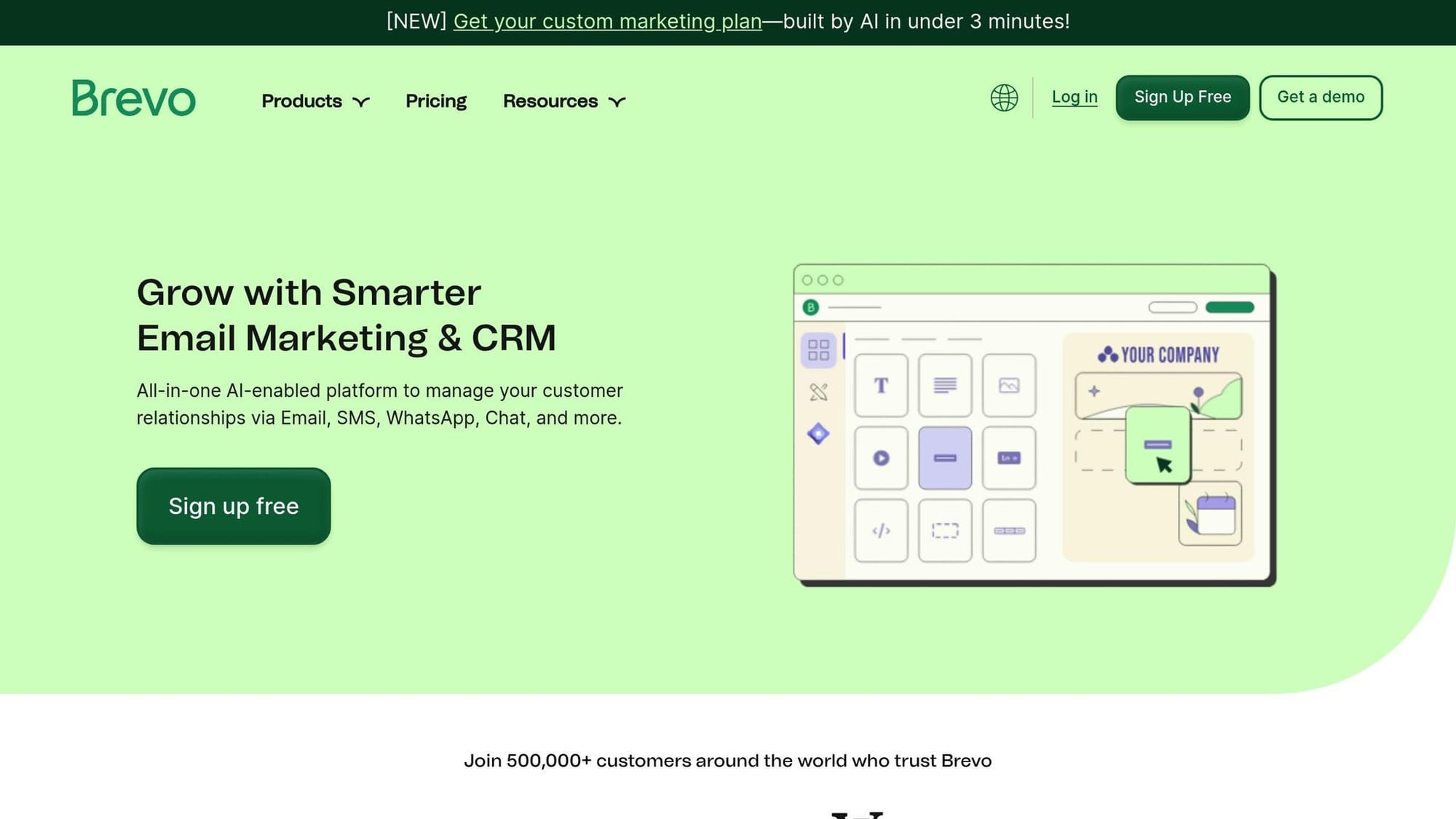 Screenshot of Brevo email marketing platform promoting all-in-one email marketing and CRM feature