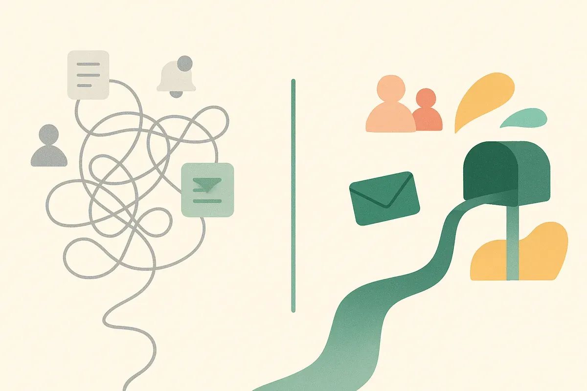 Illustration showing simplicity versus complexity in email tools