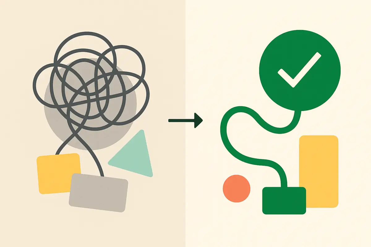 Visual comparison showing the difference between complex and simple email software approaches