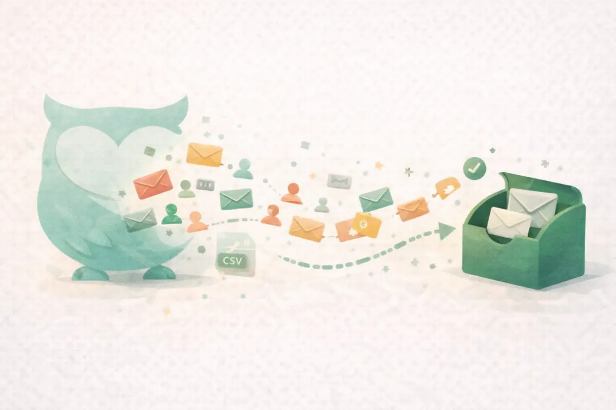 Editorial illustration showing email contacts migrating smoothly from one platform to another via a dotted path into a new inbox