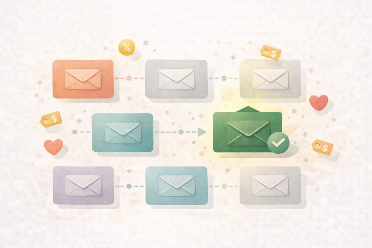 Editorial illustration comparing email tools for nonprofits, shown as a grid of app cards with one option highlighted in green as the recommended choice