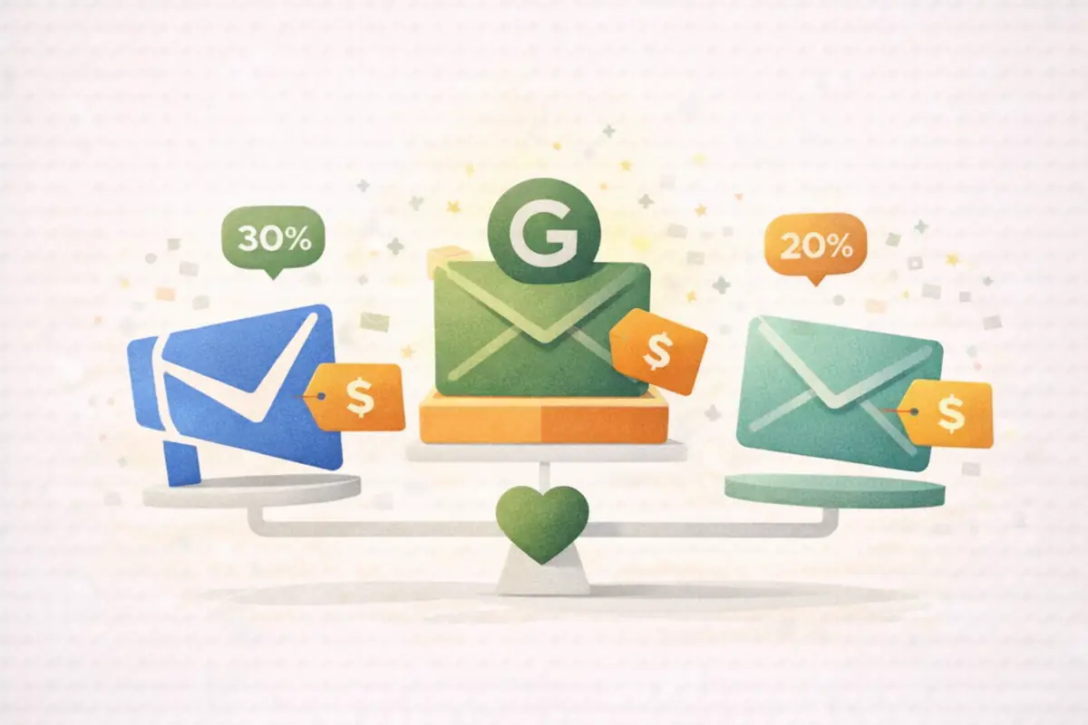 Editorial illustration comparing three email tools for nonprofits, shown as coloured envelope icons with price tags and a heart symbol linking them