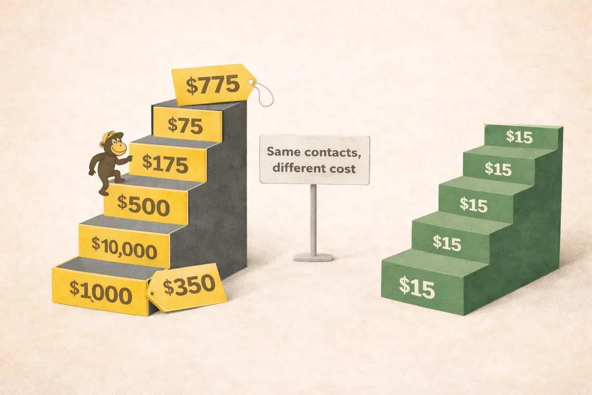 Editorial illustration comparing rising Mailchimp pricing staircase with flat $15 pricing steps, showing same contact levels but dramatically different costs