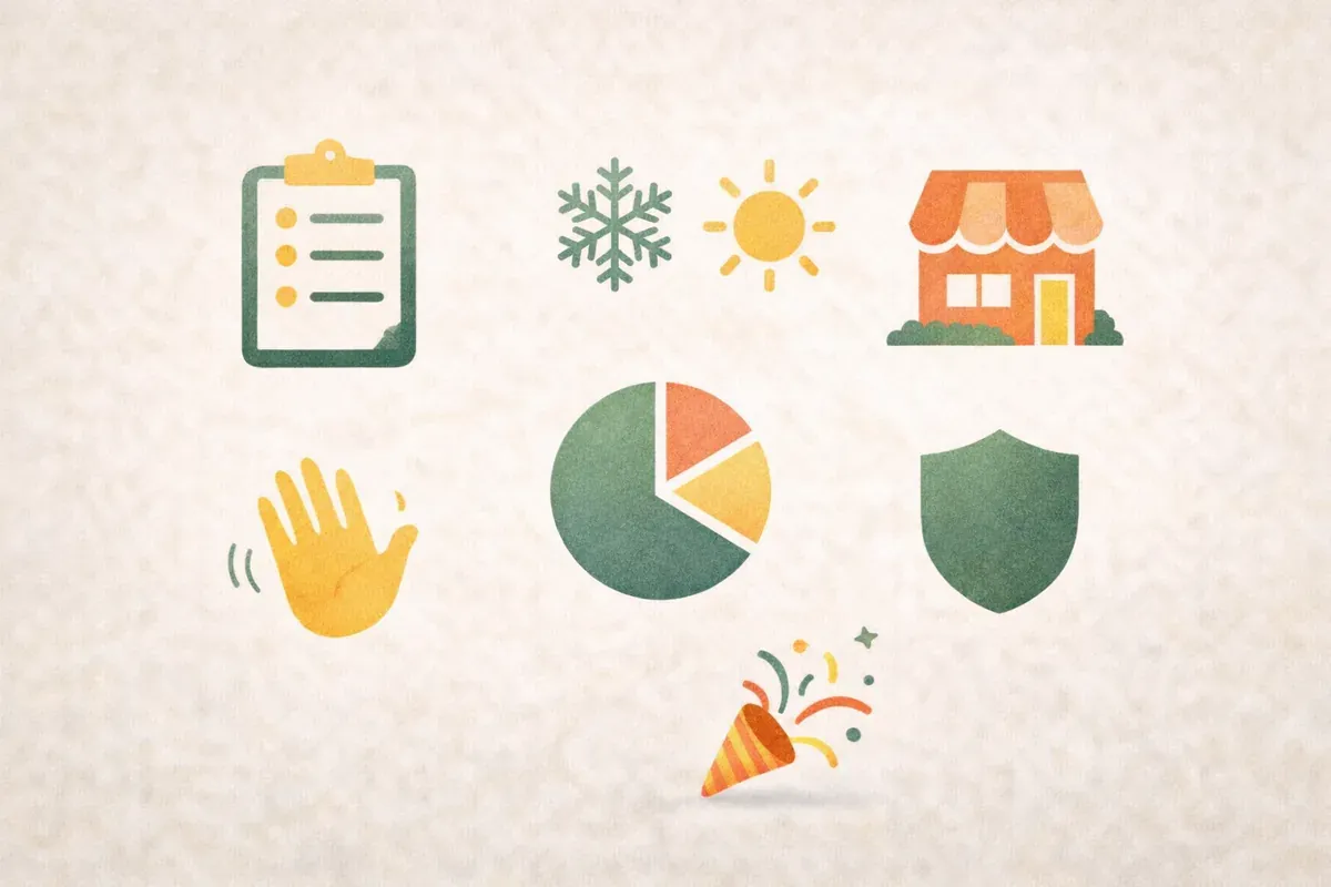 Editorial icon set representing HOA newsletter ideas including meeting recap, seasonal tips, local business, resident spotlight, finances, safety updates, and community events