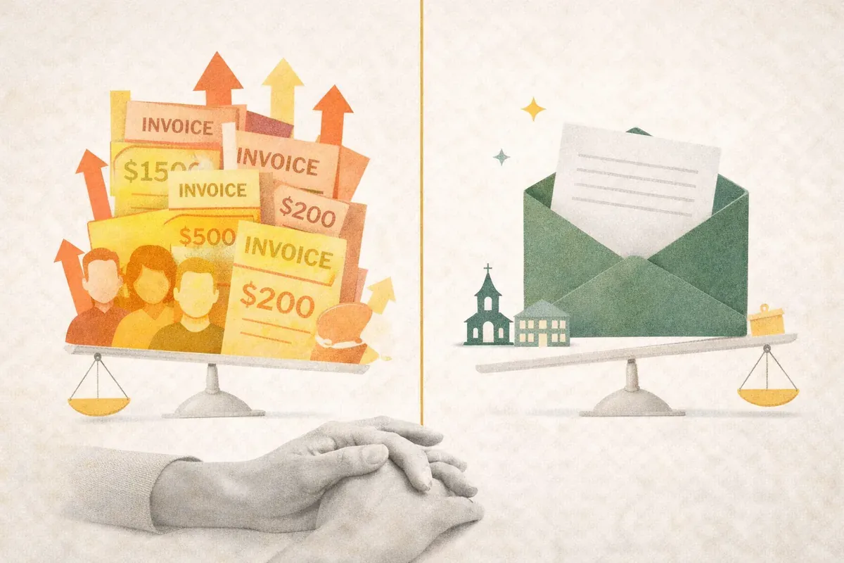 Editorial collage showing rising email costs as stacked invoices balanced against a simple affordable newsletter option, highlighting budget pressure versus clarity for nonprofit organisations