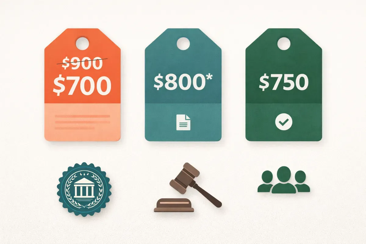 Editorial collage of three pricing tags with document and checkmark icons above association seal, gavel, and people symbols — representing transparent pricing comparison for professional organisations
