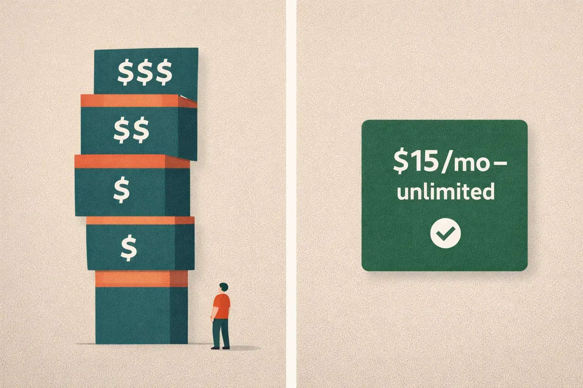 Editorial collage of stacked pricing tiers beside simple unlimited plan card with checkmark — representing transparent, affordable pricing for nonprofits and membership organisations