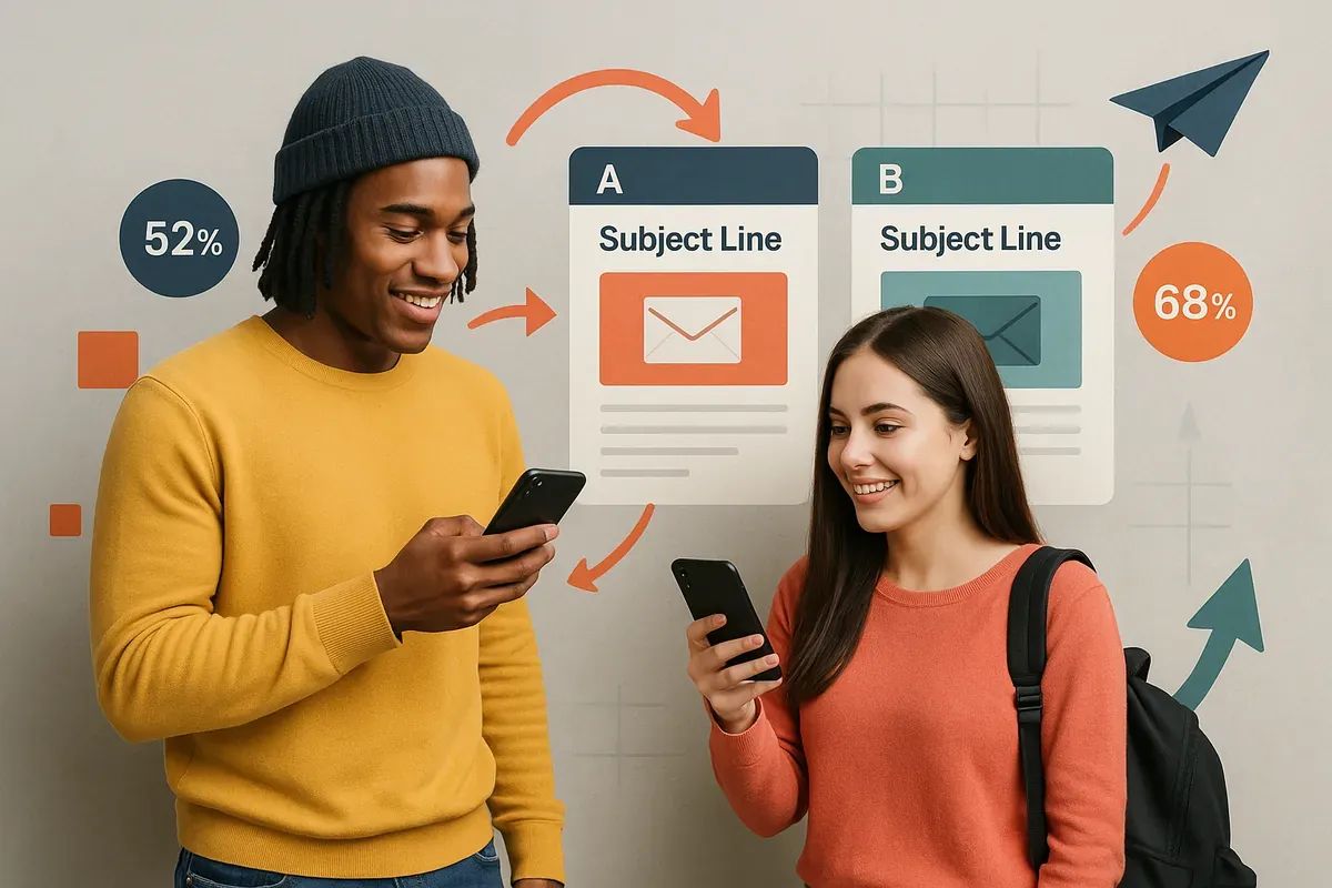 Editorial collage of two people with email preview variations, arrows, and grids — representing A/B testing email campaigns for higher conversions