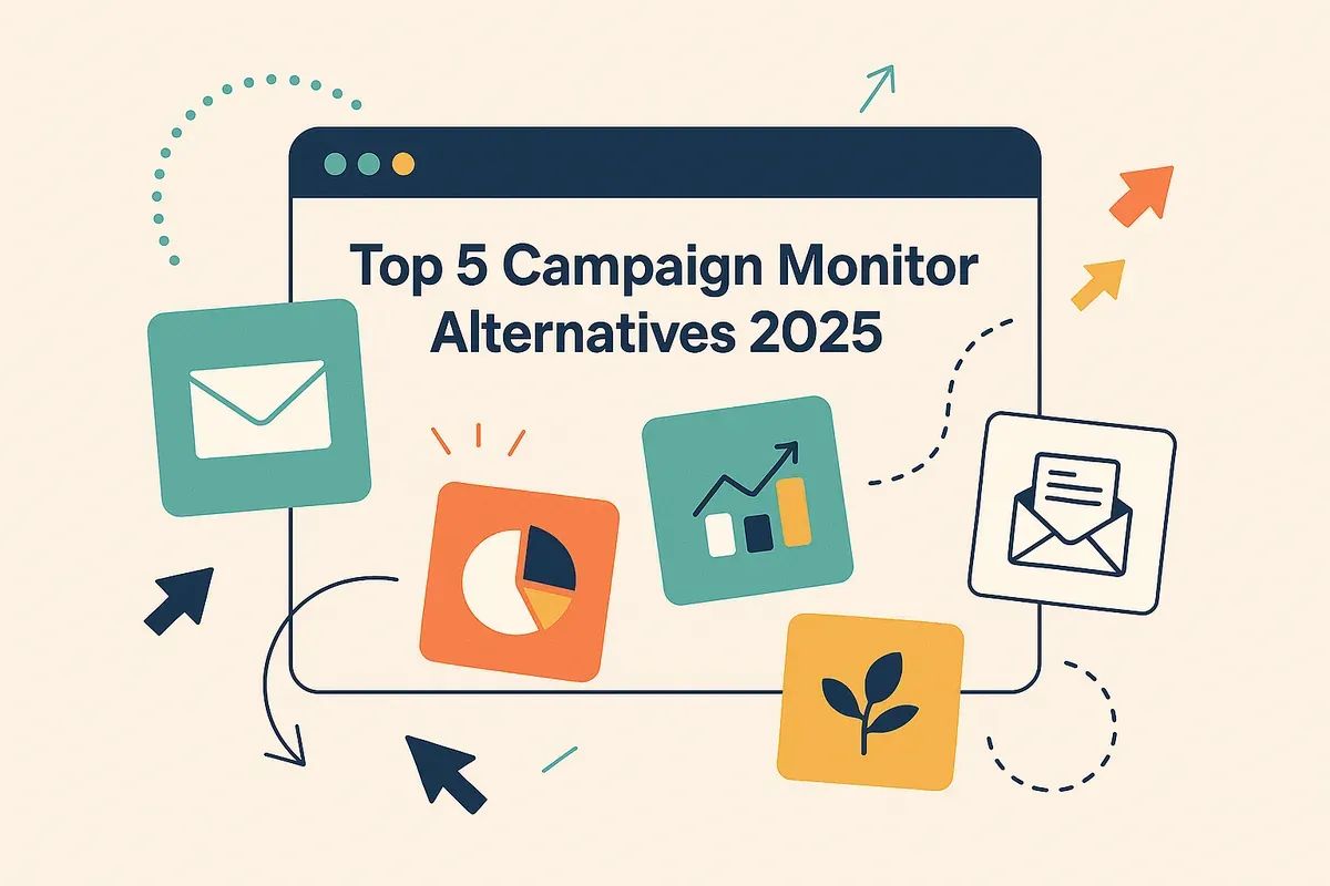 Editorial collage of envelope icon, interface windows, and arrows — representing the top Campaign Monitor alternatives for 2025