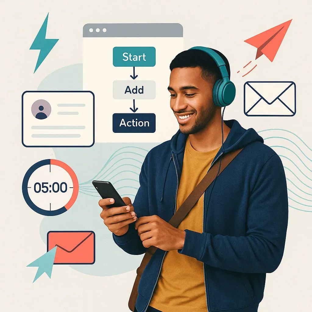Editorial collage of a young man wearing teal headphones using a smartphone, surrounded by workflow UI elements and email icons — representing email automation workflows in 2025