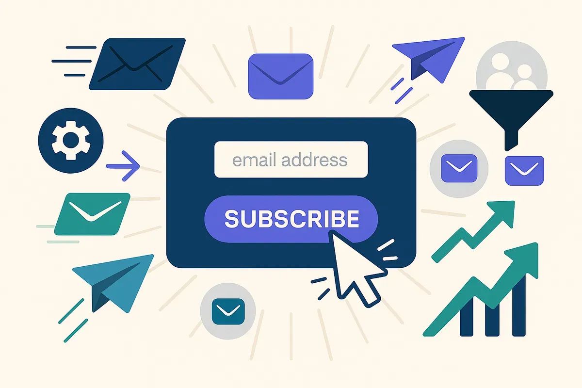 Editorial collage of a subscription form with envelopes, cursor click, paper planes, funnel, and growth arrows in navy, violet, and green — representing email list building strategies 2025