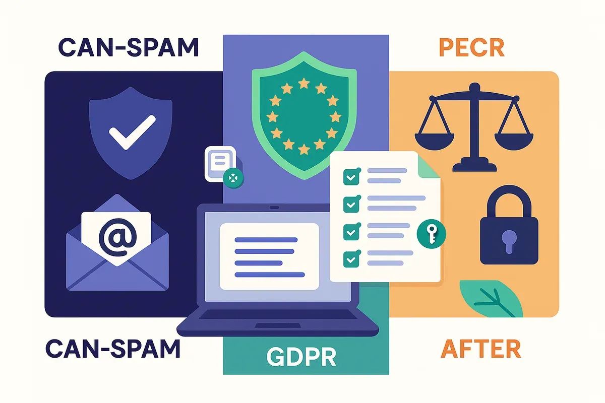Editorial collage of email compliance with shield, scales, lock, envelope and checklist icons arranged in three panels — representing CAN-SPAM, GDPR and PECR requirements for 2025