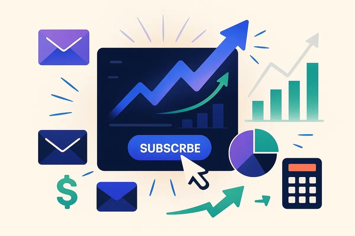 Editorial collage of an ROI graph with upward arrow, envelopes, calculator, dollar sign, and charts in navy, violet, and green — representing email marketing ROI in 2025