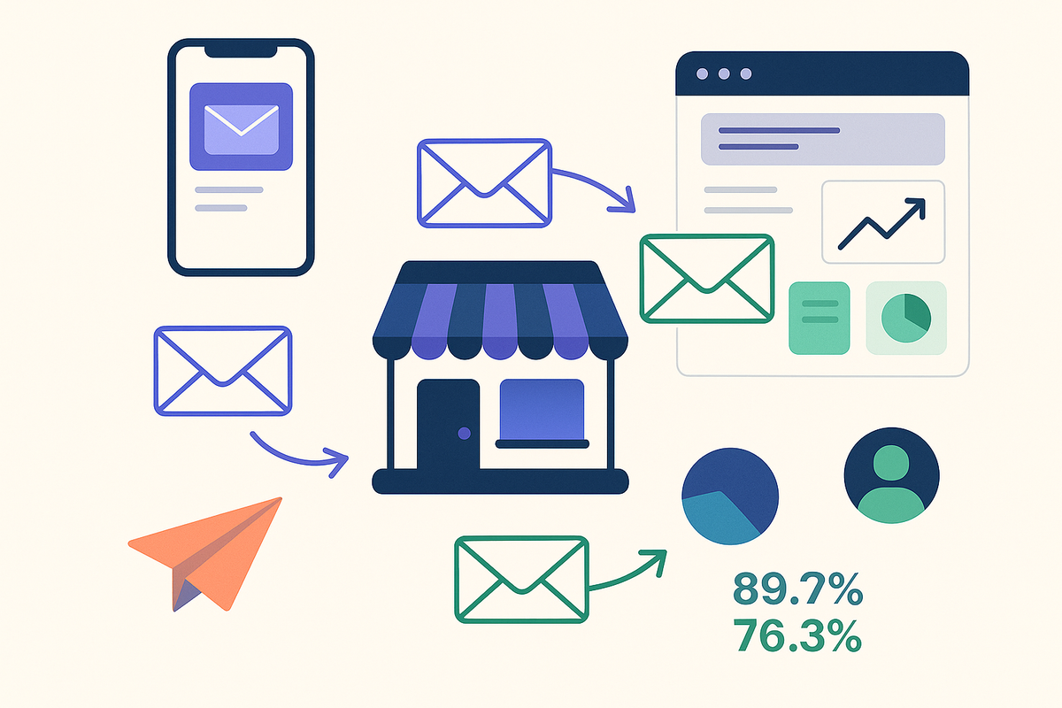 Editorial collage of a small storefront with envelopes, paper plane, mobile preview, and analytics icons — representing email marketing for small business real stories and tips