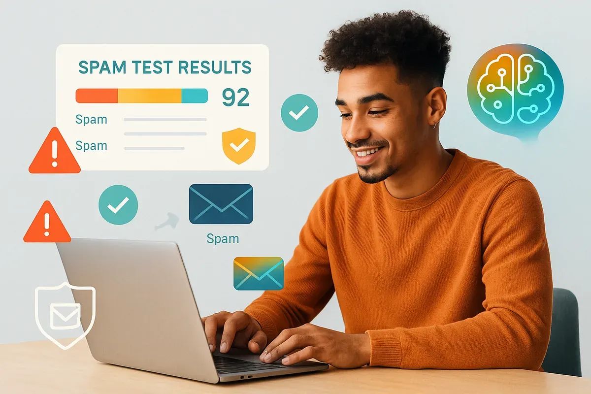 Photorealistic collage of a young professional analysing spam test results on a laptop with AI icons, warnings, and checkmarks — representing AI spam checkers improving email deliverability