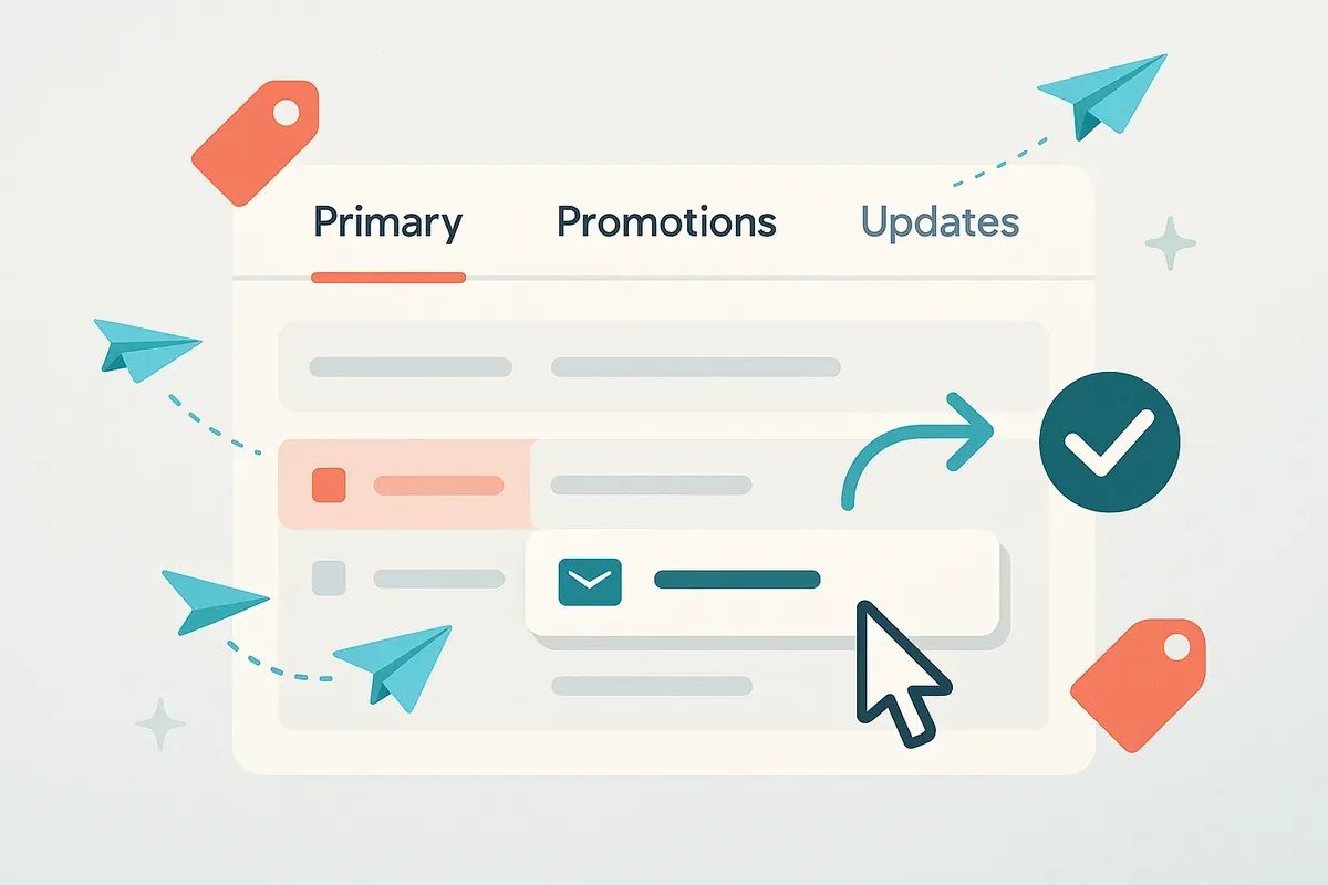 Editorial collage of Gmail-style inbox with Primary, Promotions, and Updates tabs, featuring arrows, paper planes, and checkmarks — representing strategies to avoid Gmail’s Promotions folder