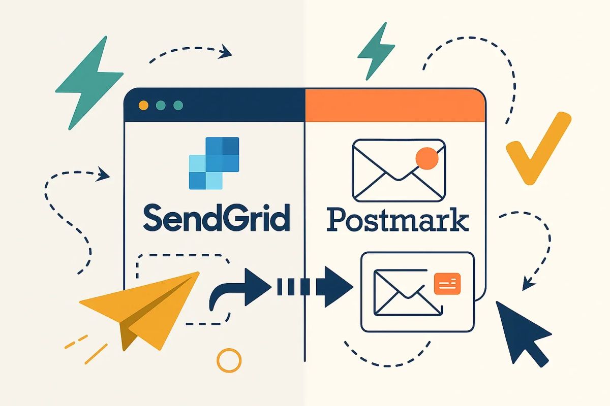 Editorial collage of email icons, interface elements, and stylised arrows comparing two services — representing SendGrid vs Postmark email delivery platforms in 2025