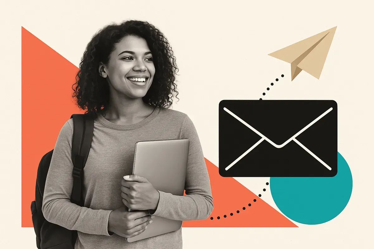 Editorial collage of student holding laptop with envelope and paper plane icons — representing email marketing for education and alumni engagement