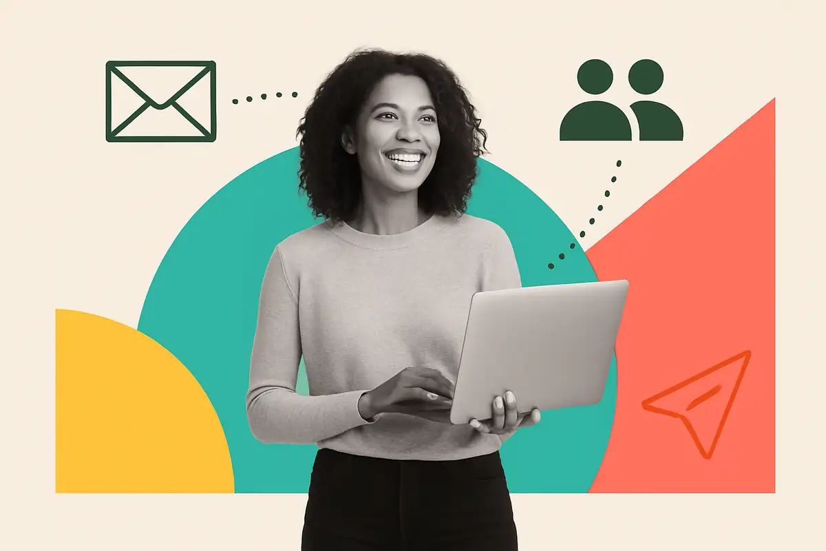 Editorial collage of a joyful person with laptop surrounded by geometric shapes and email icons — representing email software options for churches.