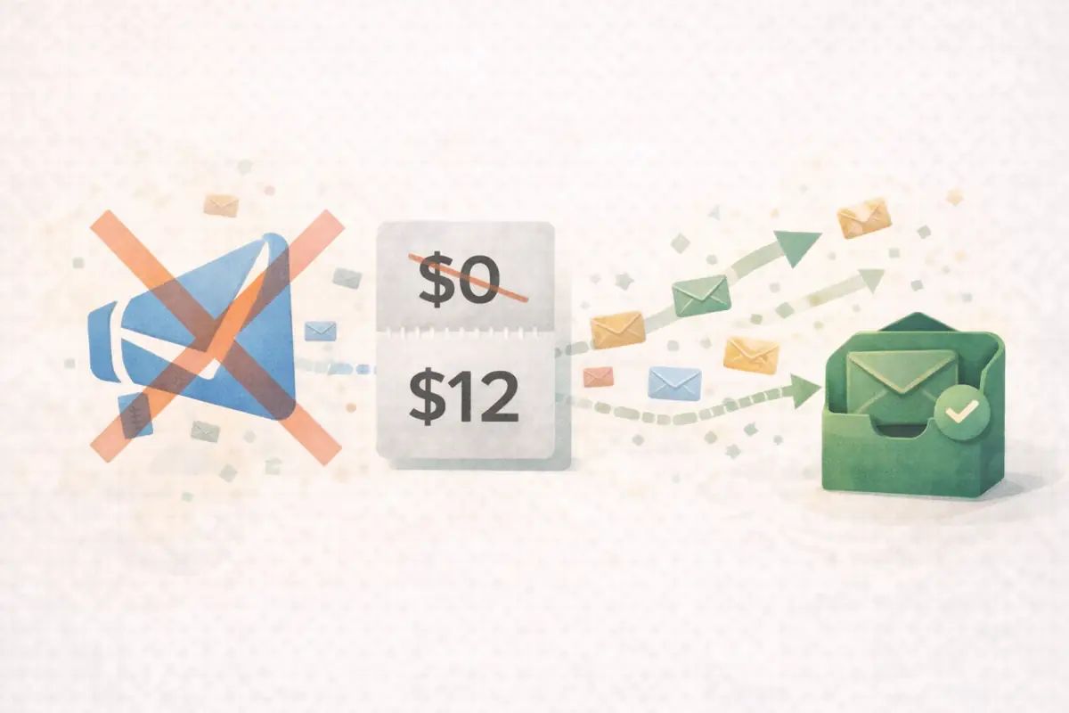 Editorial illustration showing a faded email platform icon with a crossed-out free price, indicating removal of a free pricing tier and a shift toward paid options