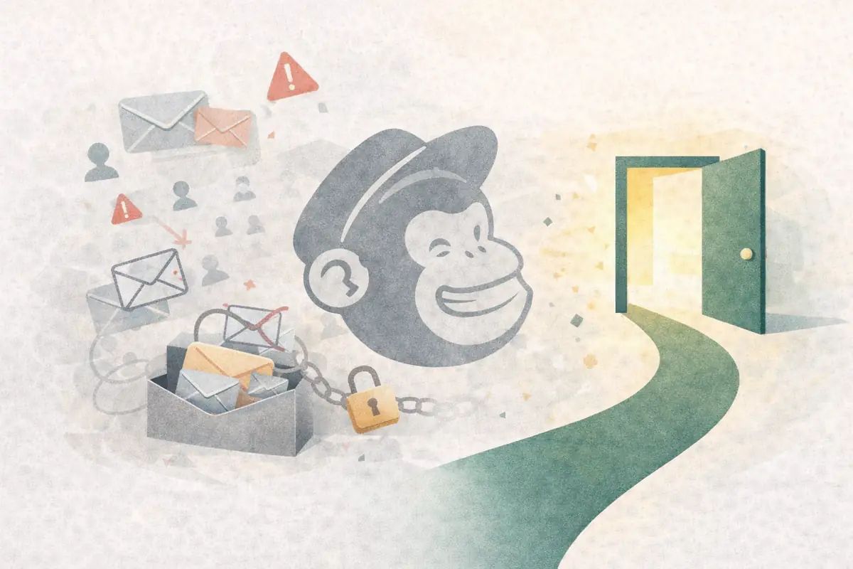 Editorial illustration showing a stylised chimp silhouette surrounded by shrinking envelopes and restriction symbols, with a green pathway leading to an alternative