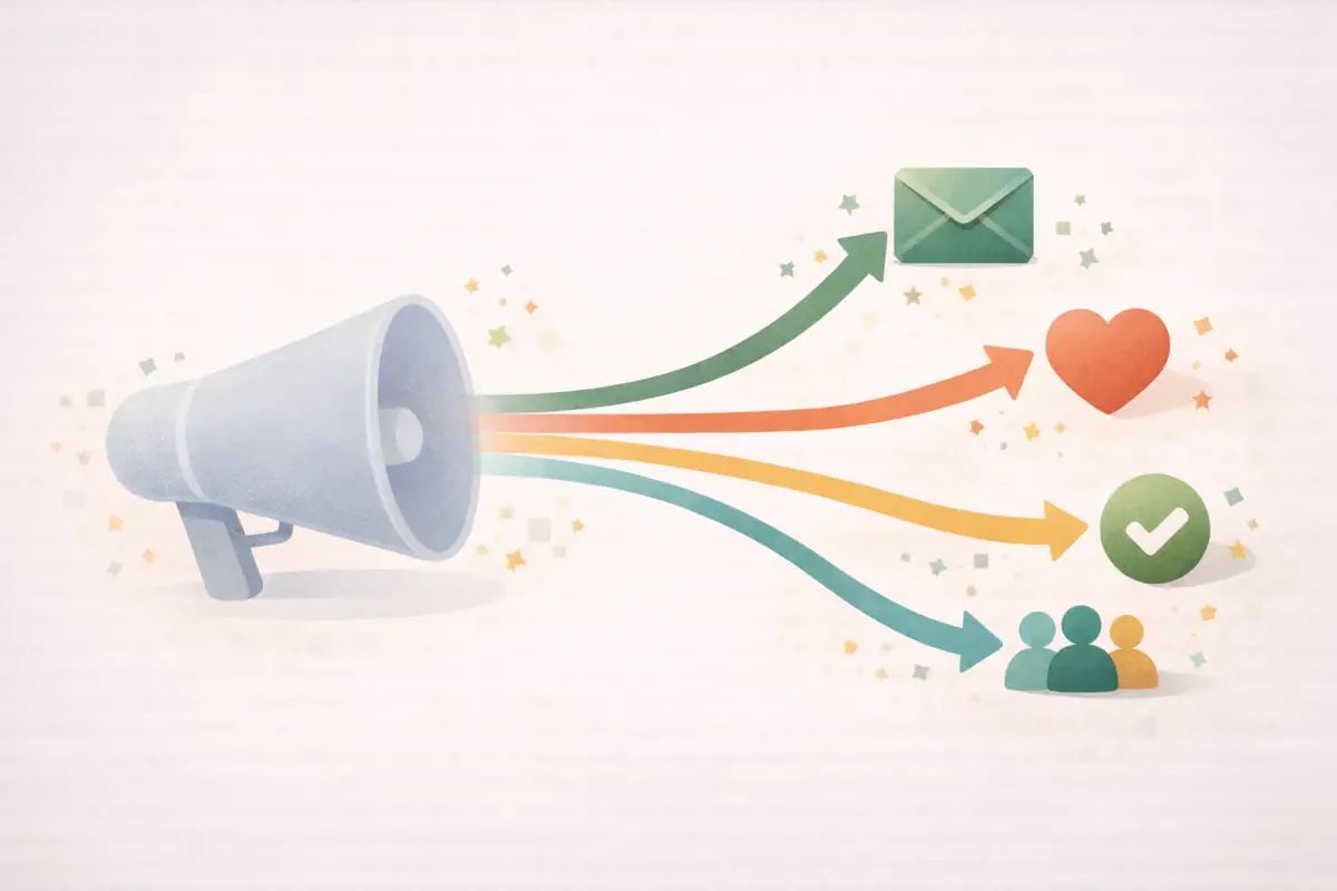 Editorial illustration showing a faded megaphone on the left with colourful paths branching toward envelope and community icons, representing alternatives to Constant Contact