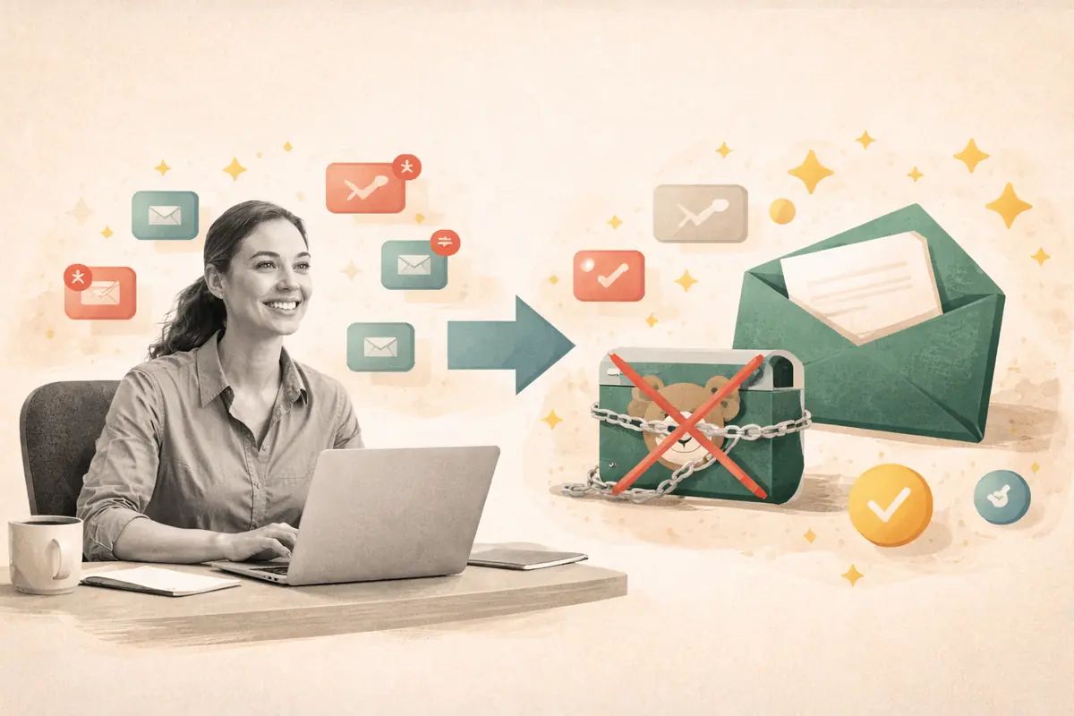 Editorial collage showing a smiling woman at a laptop with a chained mailbox transforming into a clean open envelope, symbolising liberation from email complexity