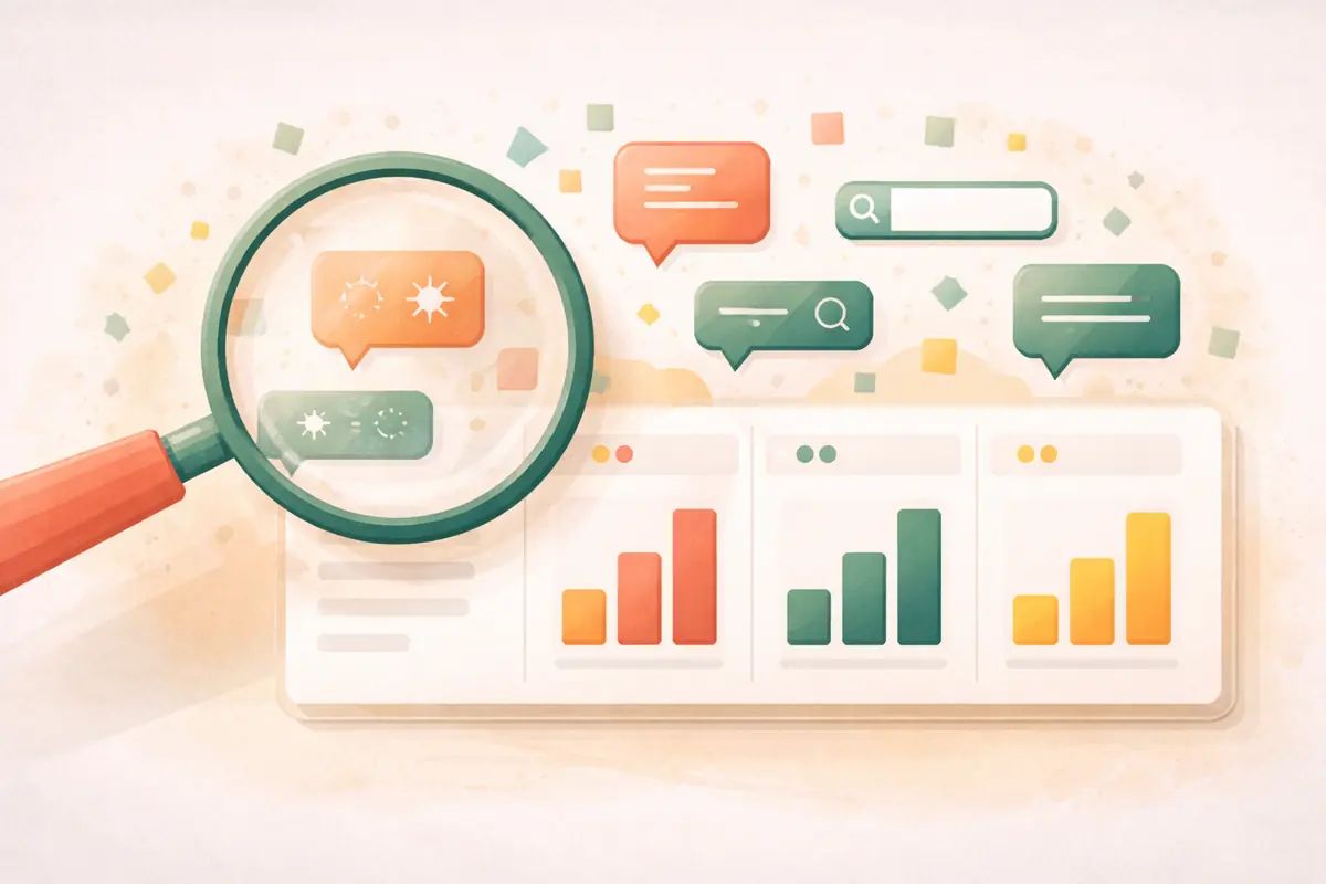 Editorial illustration of a magnifying glass revealing AI search traffic data on a dashboard, with geometric chat and search icons being organised into columns