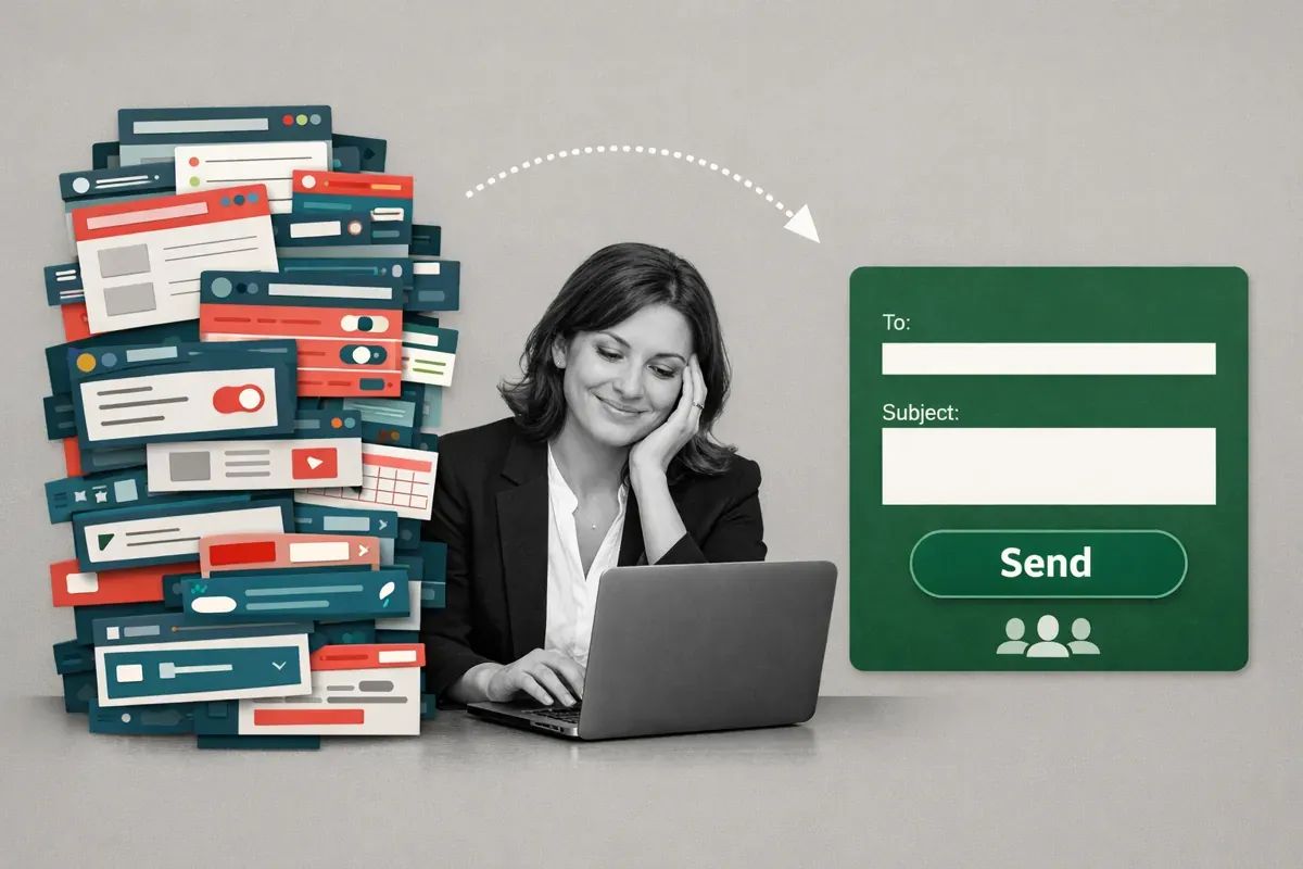 Editorial collage of professional woman using laptop with simplified email UI card and complex software stack — representing easier email marketing tools and simplified member communication.