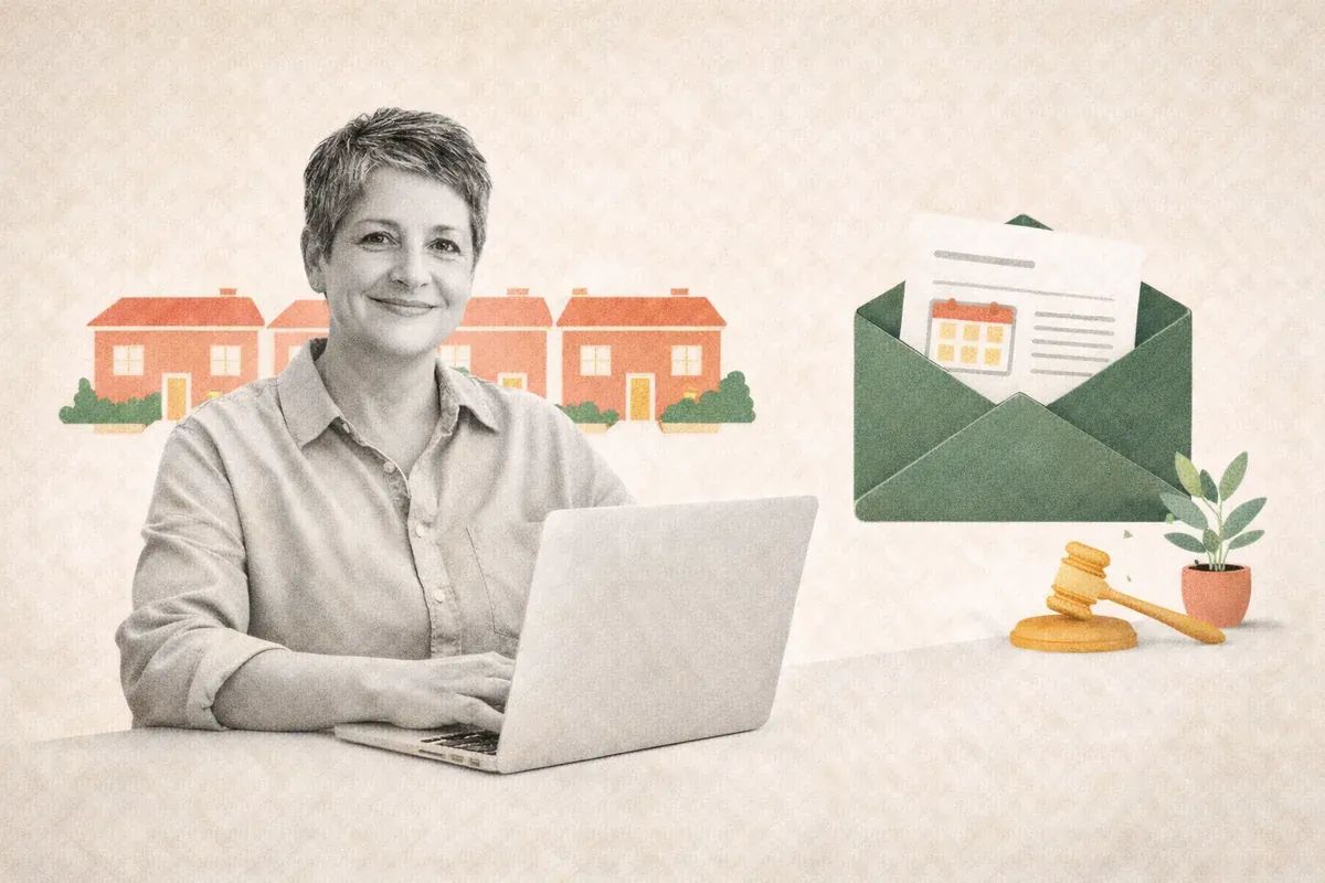 Editorial collage showing community volunteer creating a neighbourhood newsletter on a laptop, with housing, calendar, and association symbols representing simple HOA email communication