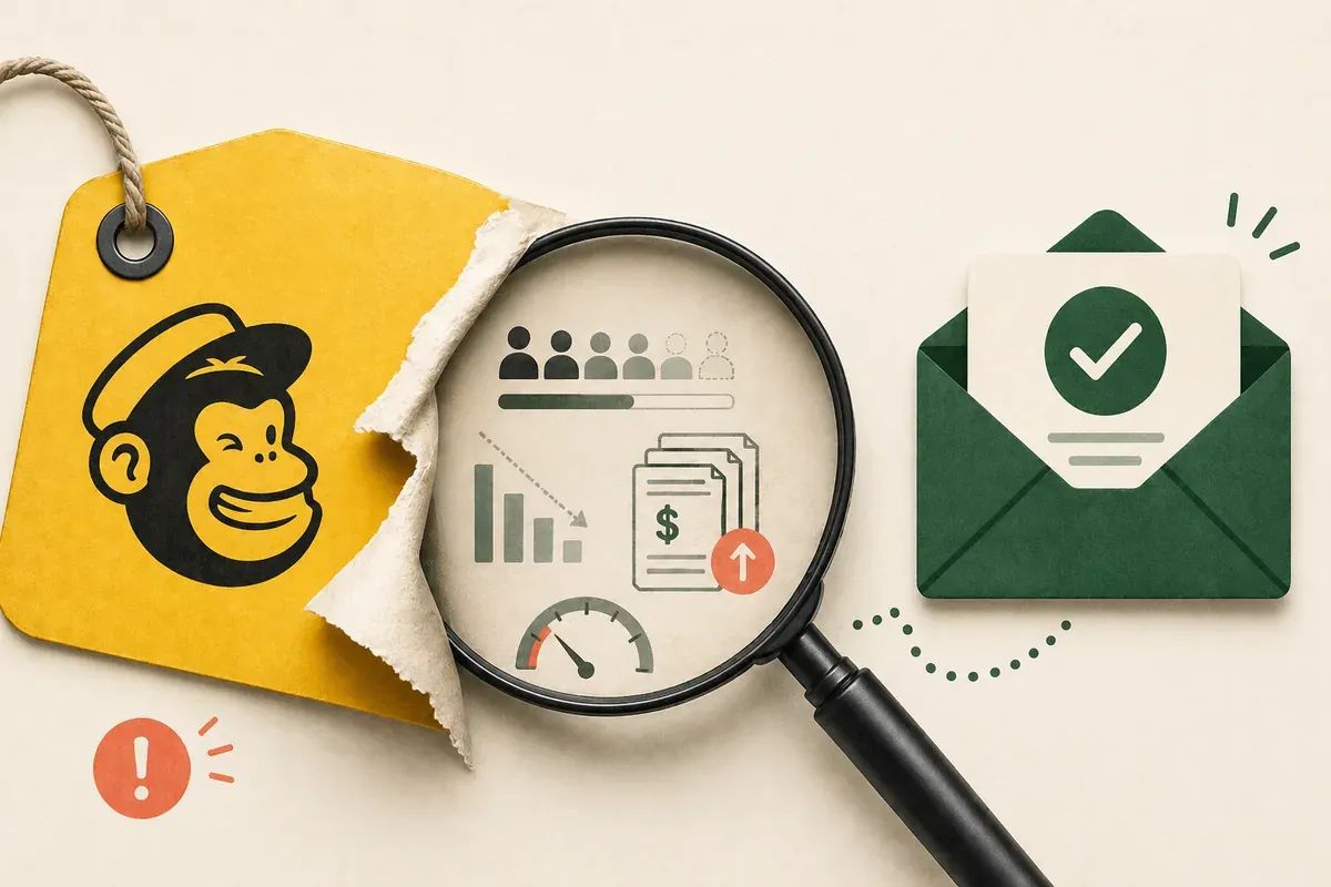 Editorial collage revealing hidden limits behind a free email plan, with magnifying glass uncovering constraints and a simple green email option representing a clearer alternative