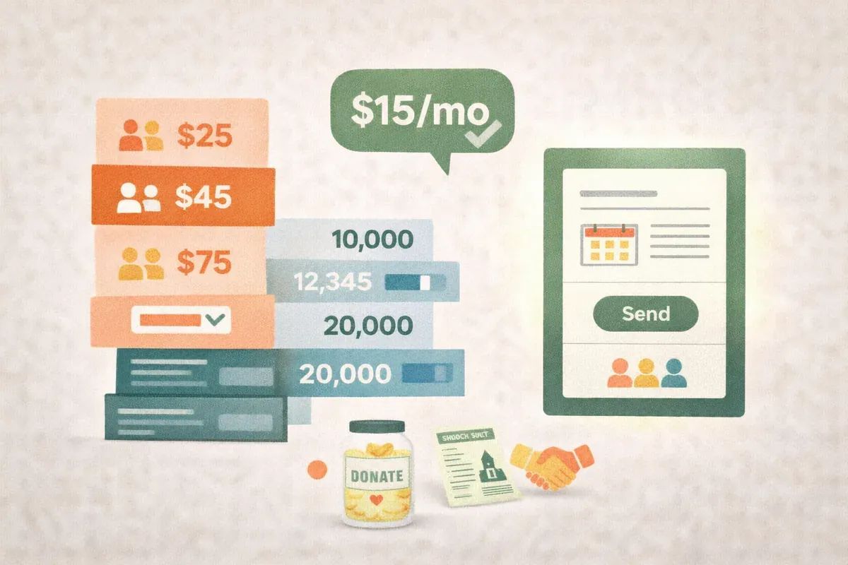 Editorial collage comparing nonprofit email pricing options, showing tiered cost blocks versus a simple $15 per month email solution with community organisation symbols