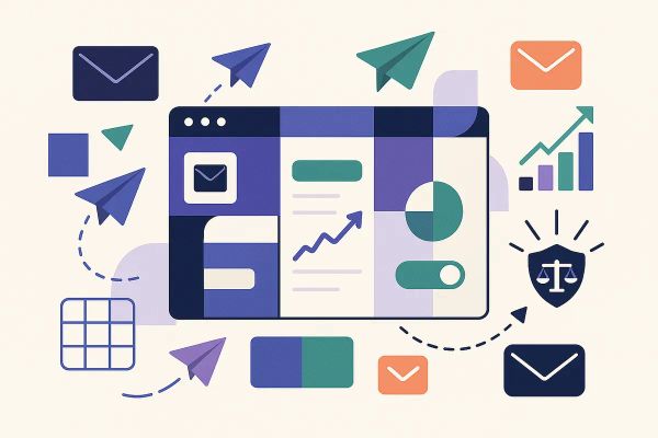 Editorial collage of an email dashboard with envelopes, paper planes, charts, and arrows in navy, violet, and green — representing Brevo alternatives in 2025